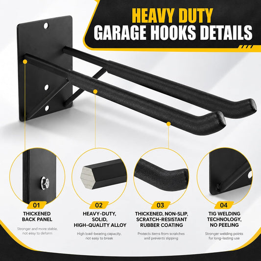 14" Large Heavy Duty Garage Hooks, Steel Garage Storage Hooks with Support Rods, Utility Wall Mount Hangers for Power Tools, Car Tires, Ladders, Chairs, Garden Tools and More (2-Pack 14" Heavy Hooks)