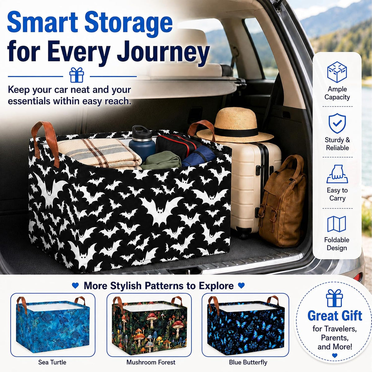 Bow Car Trunk Organizer 20L Collapsible Auto Storage Basket with Handles