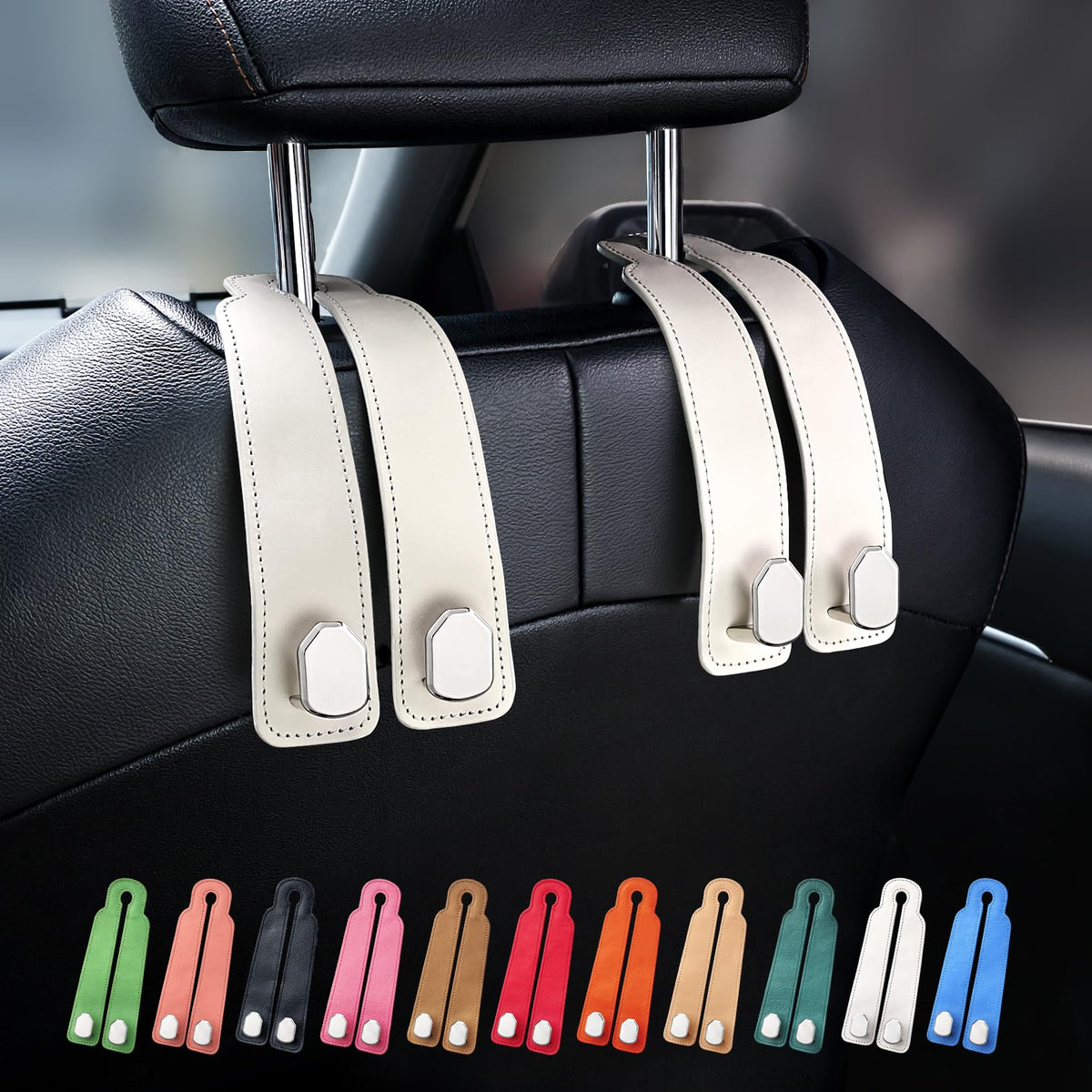 Car Seat Headrest Hooks, Genuine Leather and Zinc Alloy Car Purse Hook,Car Bag Hook,Car Seat Back Storage Hook for Purses, Handbags, Bags