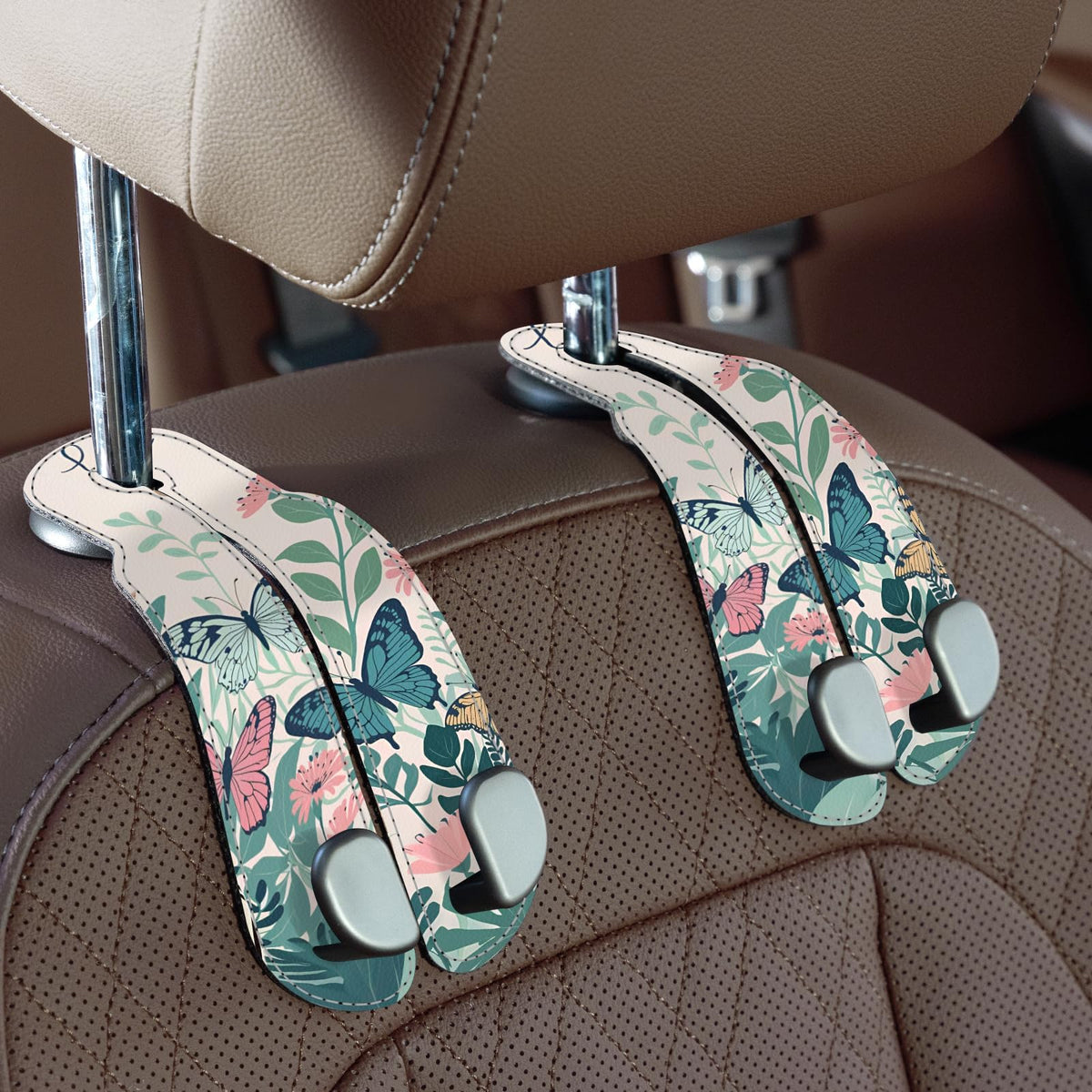 CoBak Purse Hook for Car - Universal Premium Stitched Leather and Aluminum-Magnesium Alloy Double Car Seat Back Storage Hook for Purses, Handbags, Bags (2 Pack),Beige