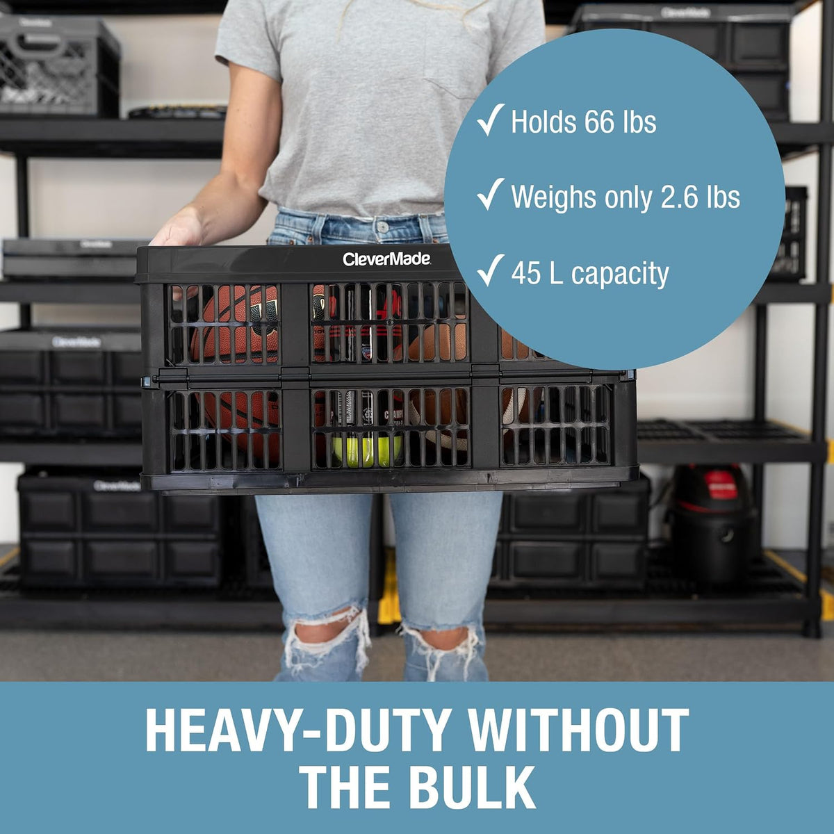 CleverMade Collapsible Utility Crate For Storage, 45L 1 Pack, Obsidian