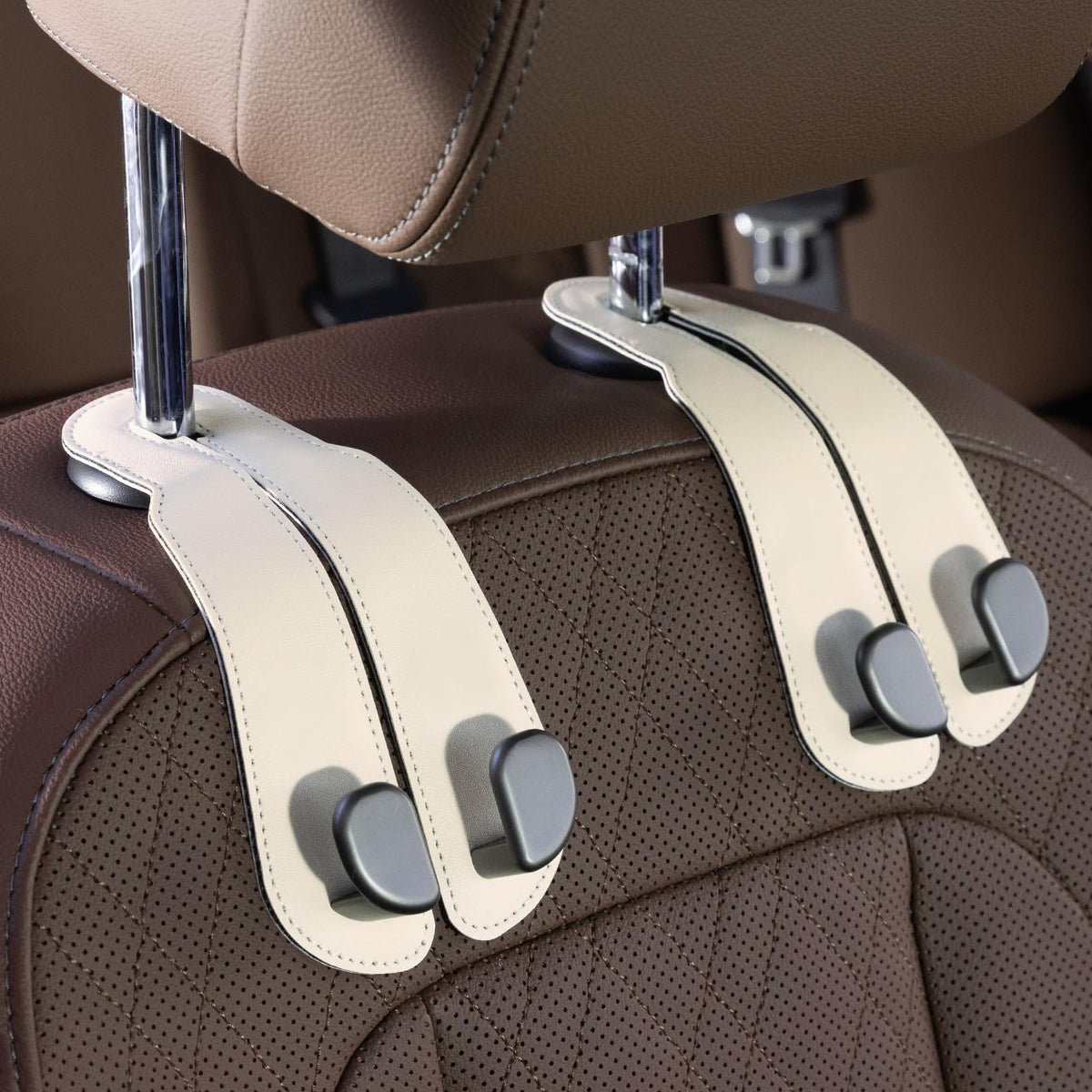 CoBak Purse Hook for Car - Universal Premium Stitched Leather and Aluminum-Magnesium Alloy Double Car Seat Back Storage Hook for Purses, Handbags, Bags (2 Pack),SageGreen