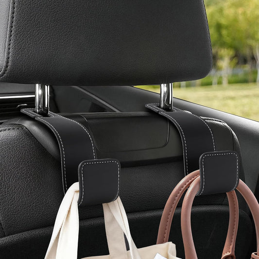 Leather Car headrest Hook for Purses and Bags (Black, 2pcs)