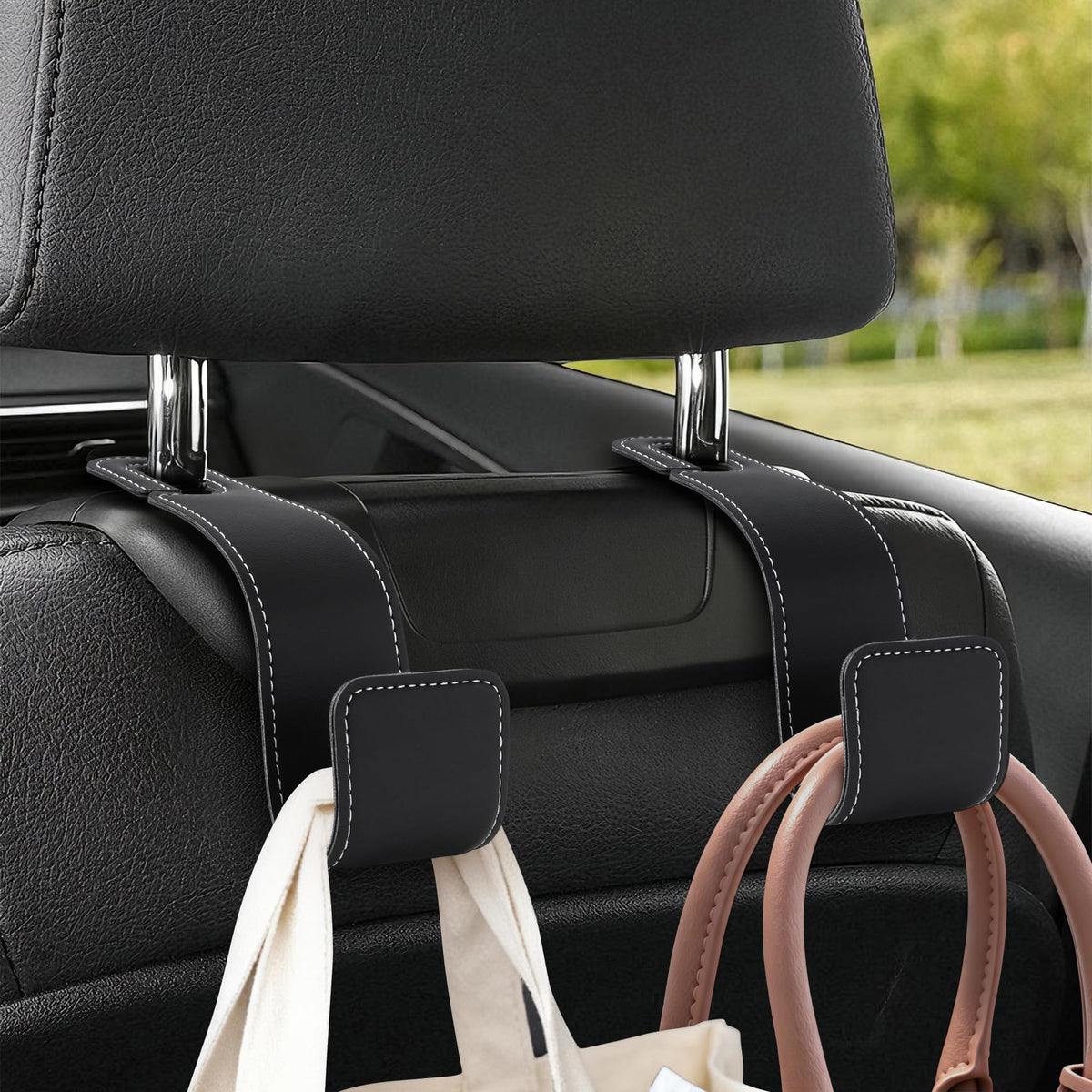Leather Car headrest Hook for Purses and Bags (Black, 2pcs)