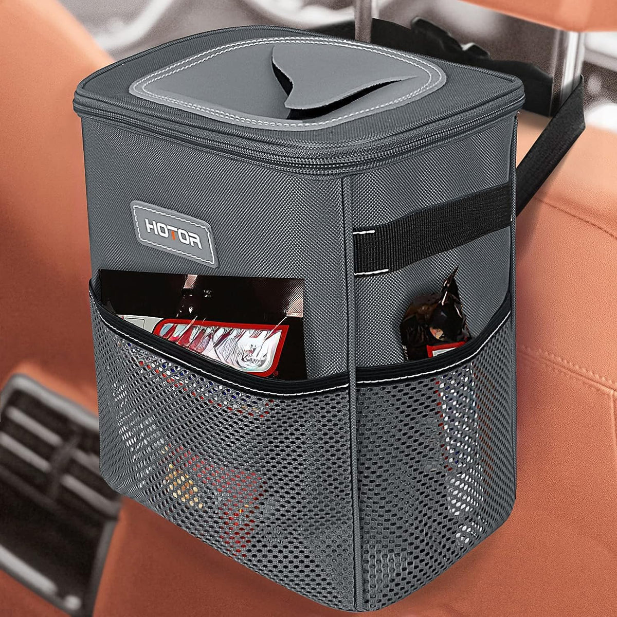 HOTOR Car Trash Can, Leakproof Car Organizer, 2-Gallon, Gray