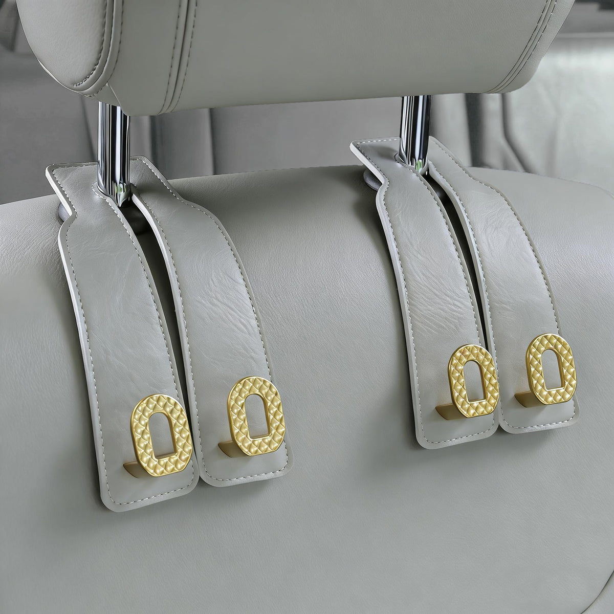 Car Headrest Hooks Universal Car Purse Hook Premium Leather and Alloy Twin Hook Car Seat Back Storage Hanger Hook for Purse Bags Cloth Drink Durable Holder Car Accessories (BH09-Grey-Black)