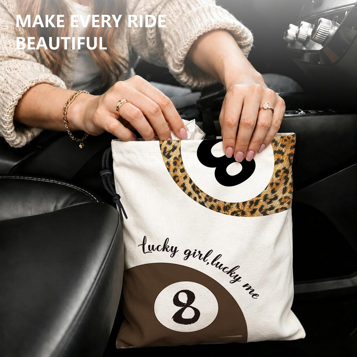 Trendy Leopard Lucky 8 Ball Hanging Car Trash Bag, 11x13Inch
