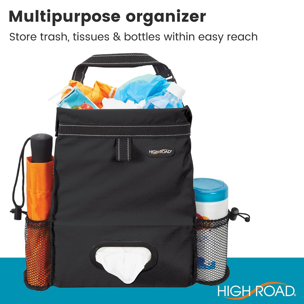 High Road Car Trash Can and Tissue Holder, Hanging Trash Bag Seat Organizer
