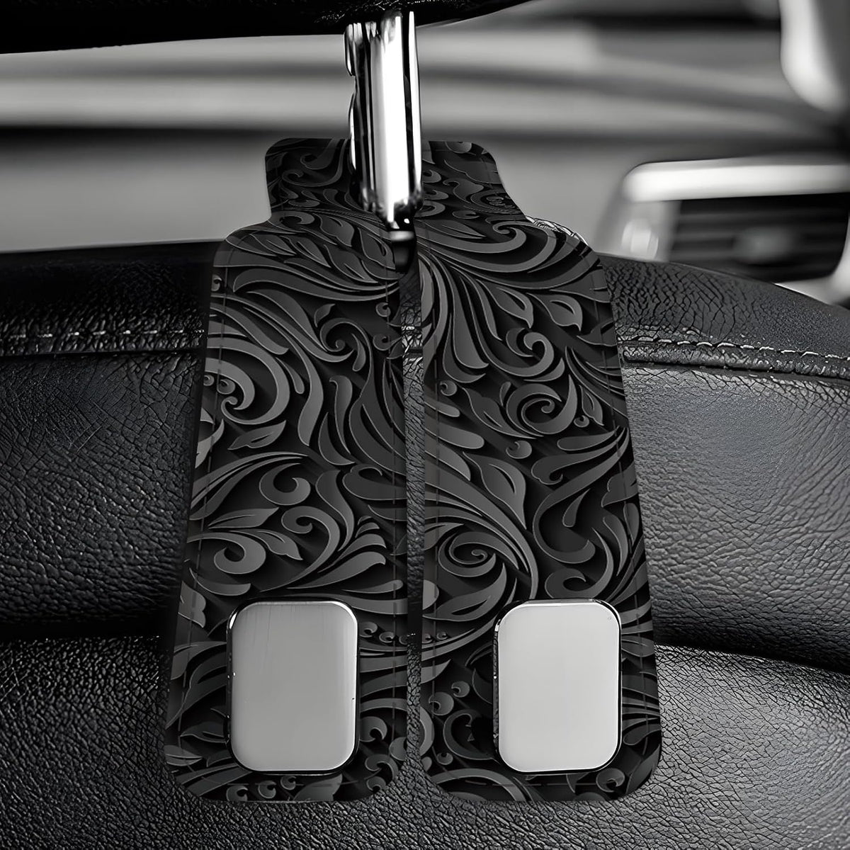Car Seat Back Storage Headrest Hook, Premium Leather Double Metal Hook, Hanger Storage Organizer for Purse Cloth Bag, Car Interior Accessories Luxury Black Flowers