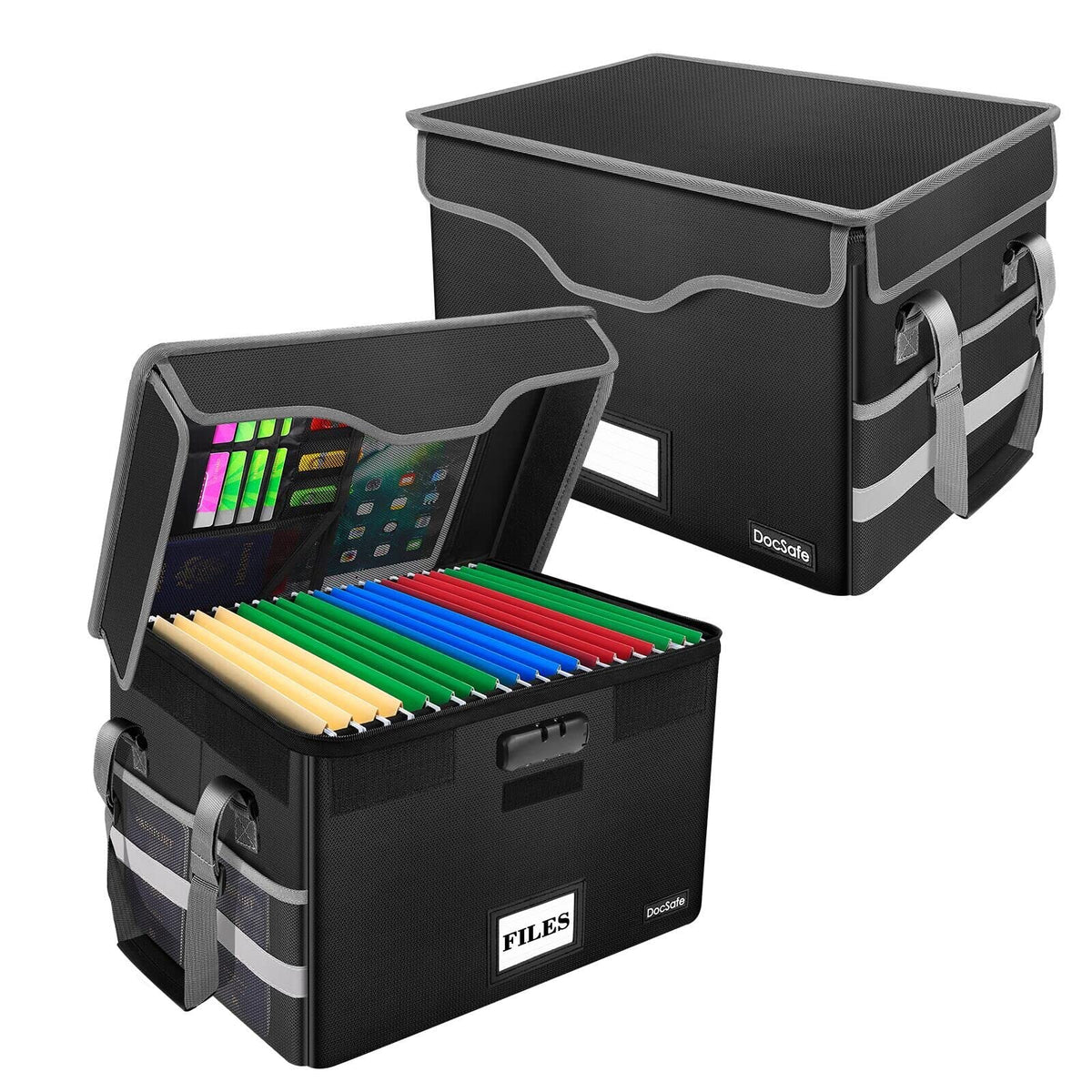 DocSafe 5200°F Fireproof Document Box with Lock,Heat Insulated File Organizer Storage with Pockets,Collapsible Portable Home Office File Safe Box with Handle for Hanging Letter/Legal Folders, Black