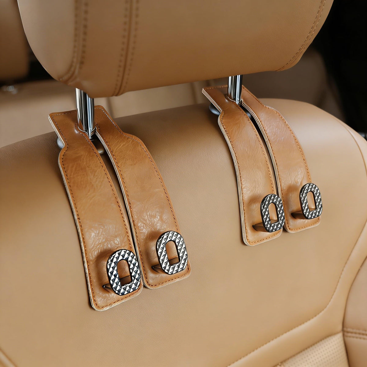 Car Headrest Hooks Universal Car Purse Hook Premium Leather and Alloy Twin Hook Car Seat Back Storage Hanger Hook for Purse Bags Cloth Drink Durable Holder Car Accessories (BH09-Grey-Black)