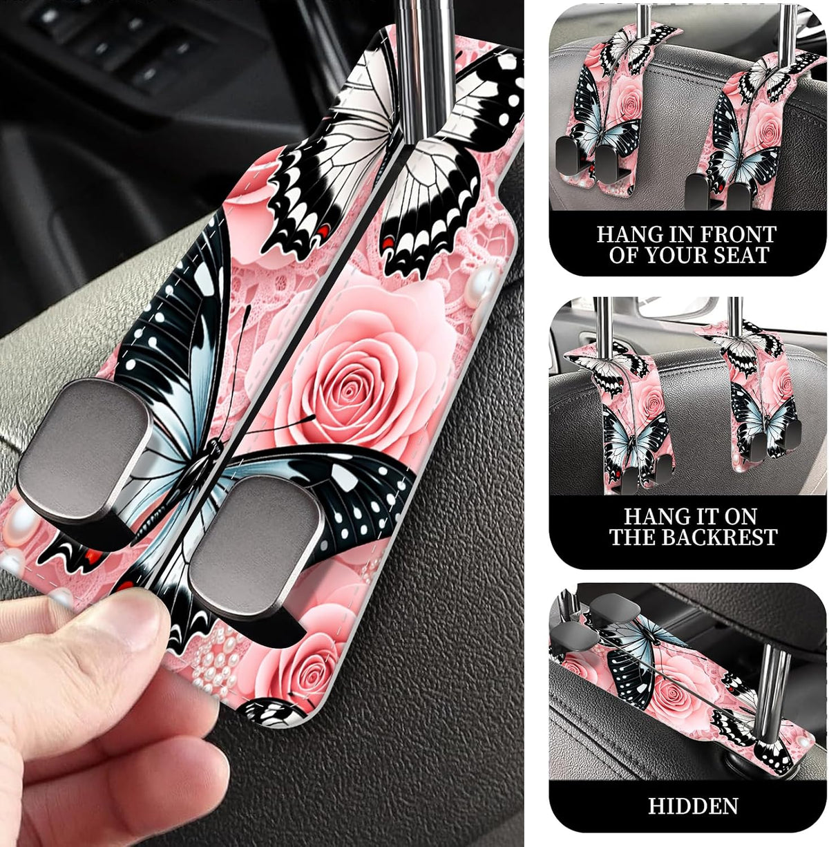 PU Leather Car Seat Hook, Storage Headrest Hanger, Cute Car Backseat Organizer, Car Hooks For Purses and Bags, Butterfly Rose