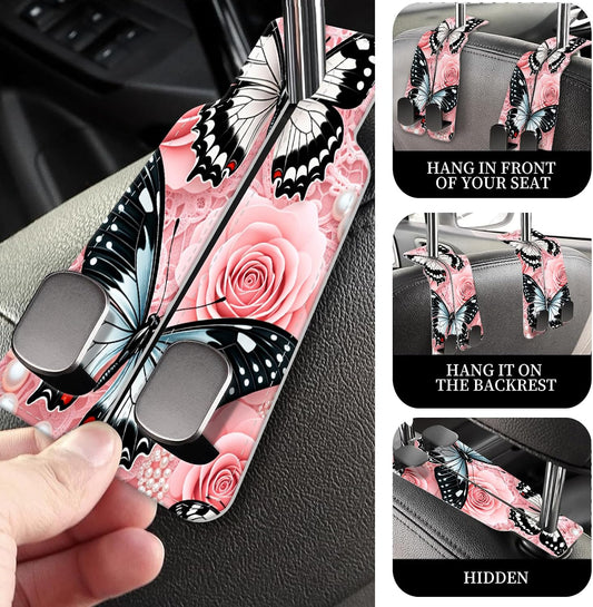 PU Leather Car Seat Hook, Storage Headrest Hanger, Cute Car Backseat Organizer, Car Hooks For Purses and Bags, Butterfly Rose