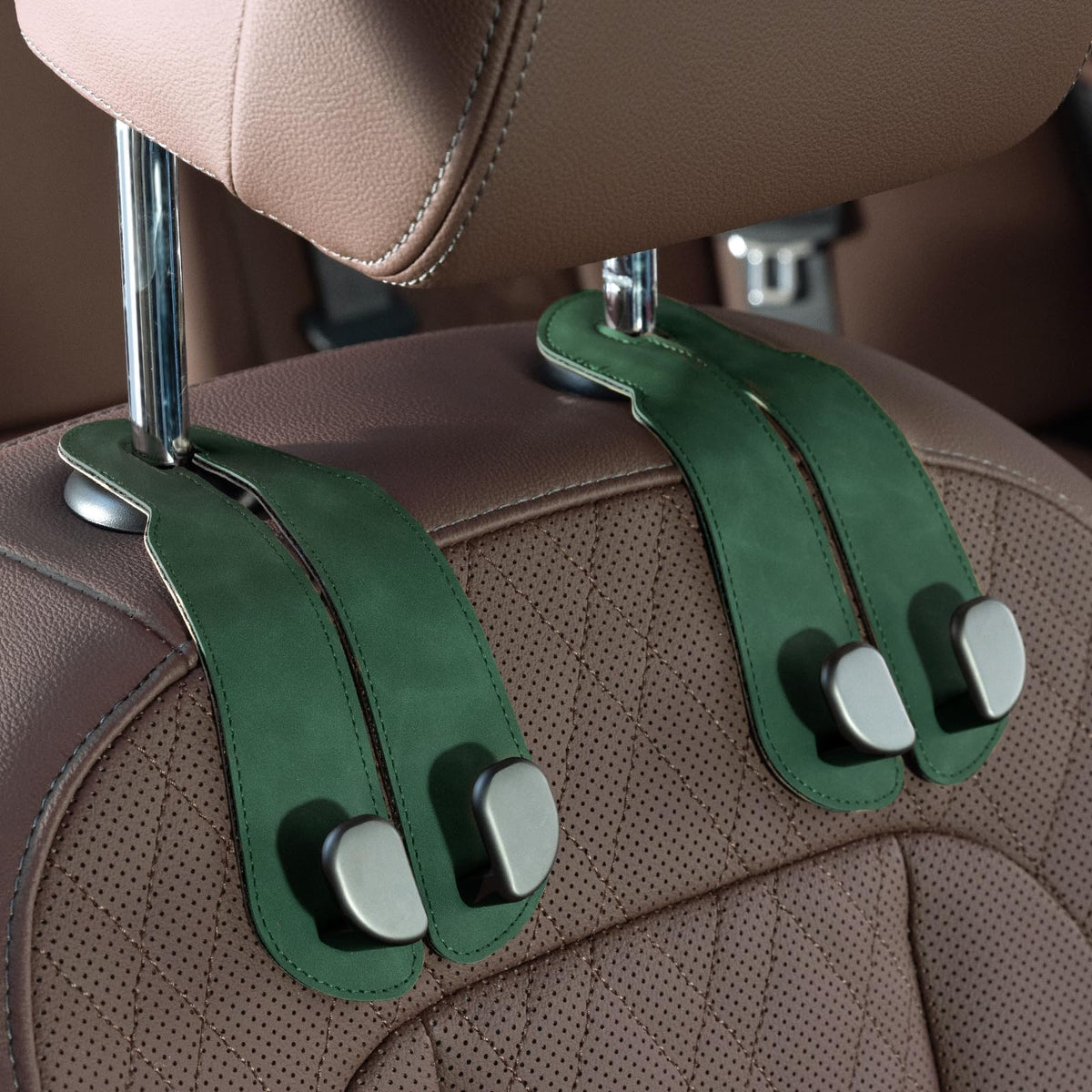 CoBak Purse Hook for Car - Universal Premium Stitched Leather and Aluminum-Magnesium Alloy Double Car Seat Back Storage Hook for Purses, Handbags, Bags (2 Pack),Beige
