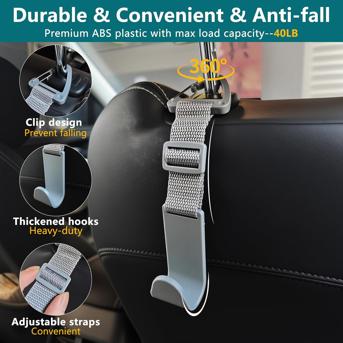 Amooca 4 Pack Anti-drop Headrest Hooks Adjustable Car Seat Organizer