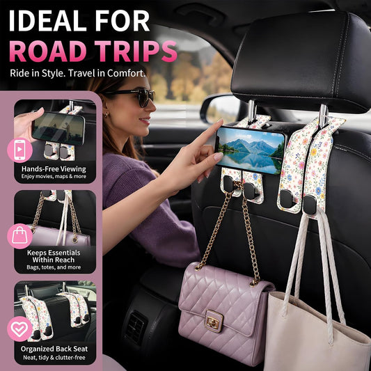 Car Seat Back Storage Hook, Funny Car Purse Hook, Cute Vehicle Storage Organizer for Purses Handbags Boho Cute Floral