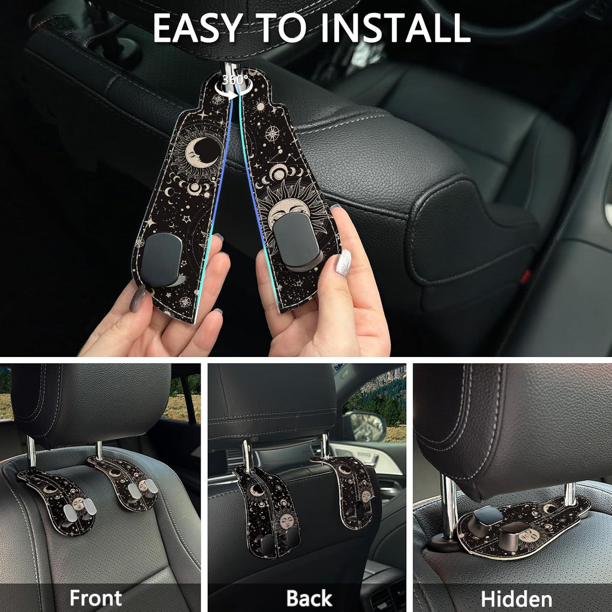 Blusabaca 2PCS Car Seat Headrest Hooks, Purses Bags Holder, Sun and Moon