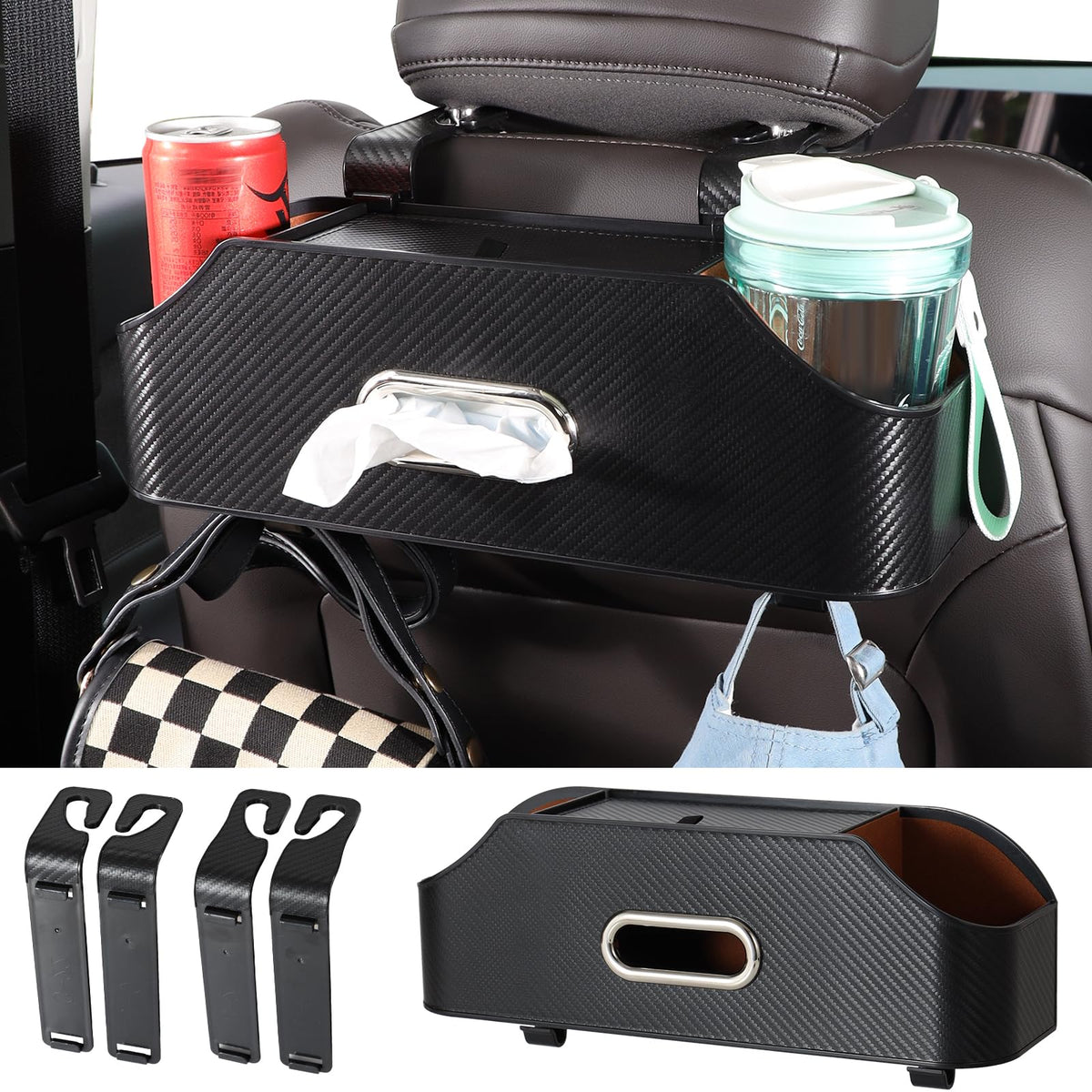 Car Seat Back Cup Holder, 4-in-1 Multifunctional Backseat Organizer with Tissue Box Storage & Hooks (Gray)