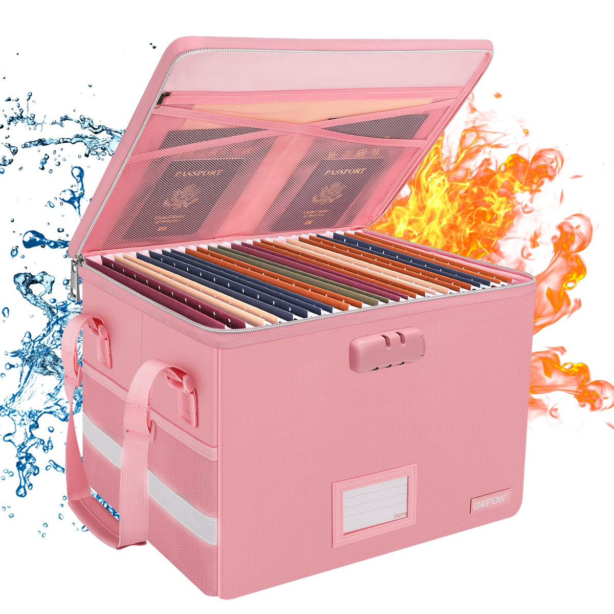 ENGPOW File Box with Lock, Fireproof Document Box with Zipper＆Pockets, Collapsible File Organizer Filing Storage Cabinet with Handle, Portable Home Office Safe for Hanging Letter/Legal Folder, Pink