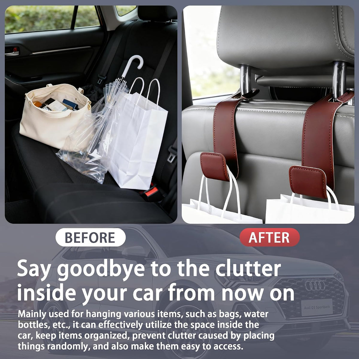Leather Car headrest Hook for Purses and Bags (Black, 2pcs)