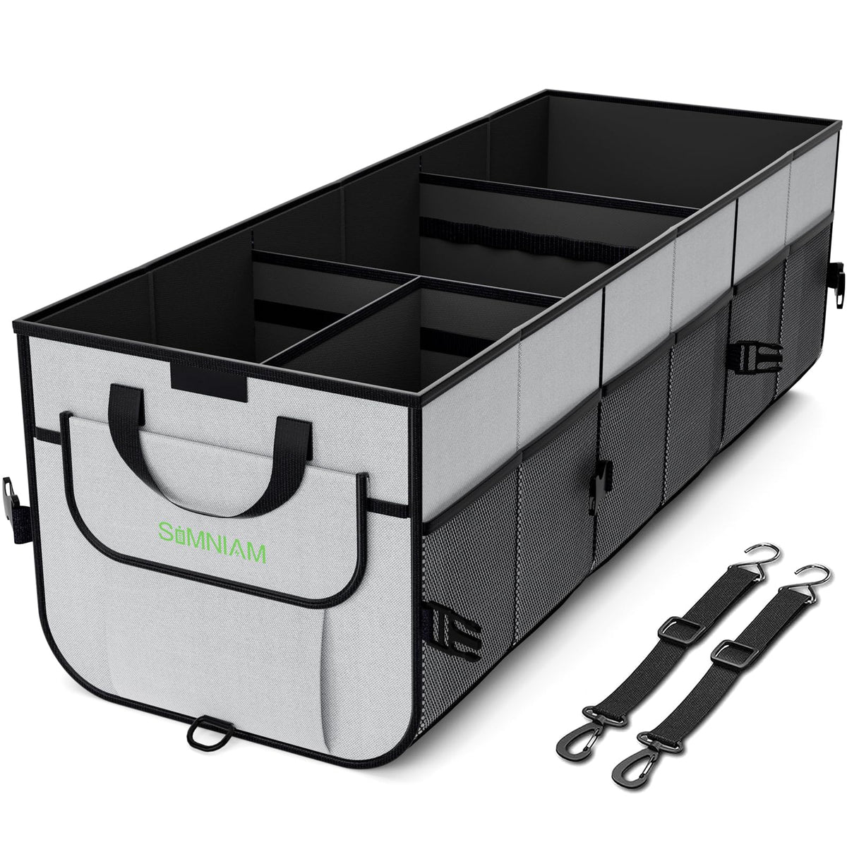 Simniam Car Trunk Organizer with Insulated Grocery Bag- 110L High Capacity Car Storage Box, with 4 Compartments, Reflective Strip, Cover, for Auto, SUV, Truck, Minivan