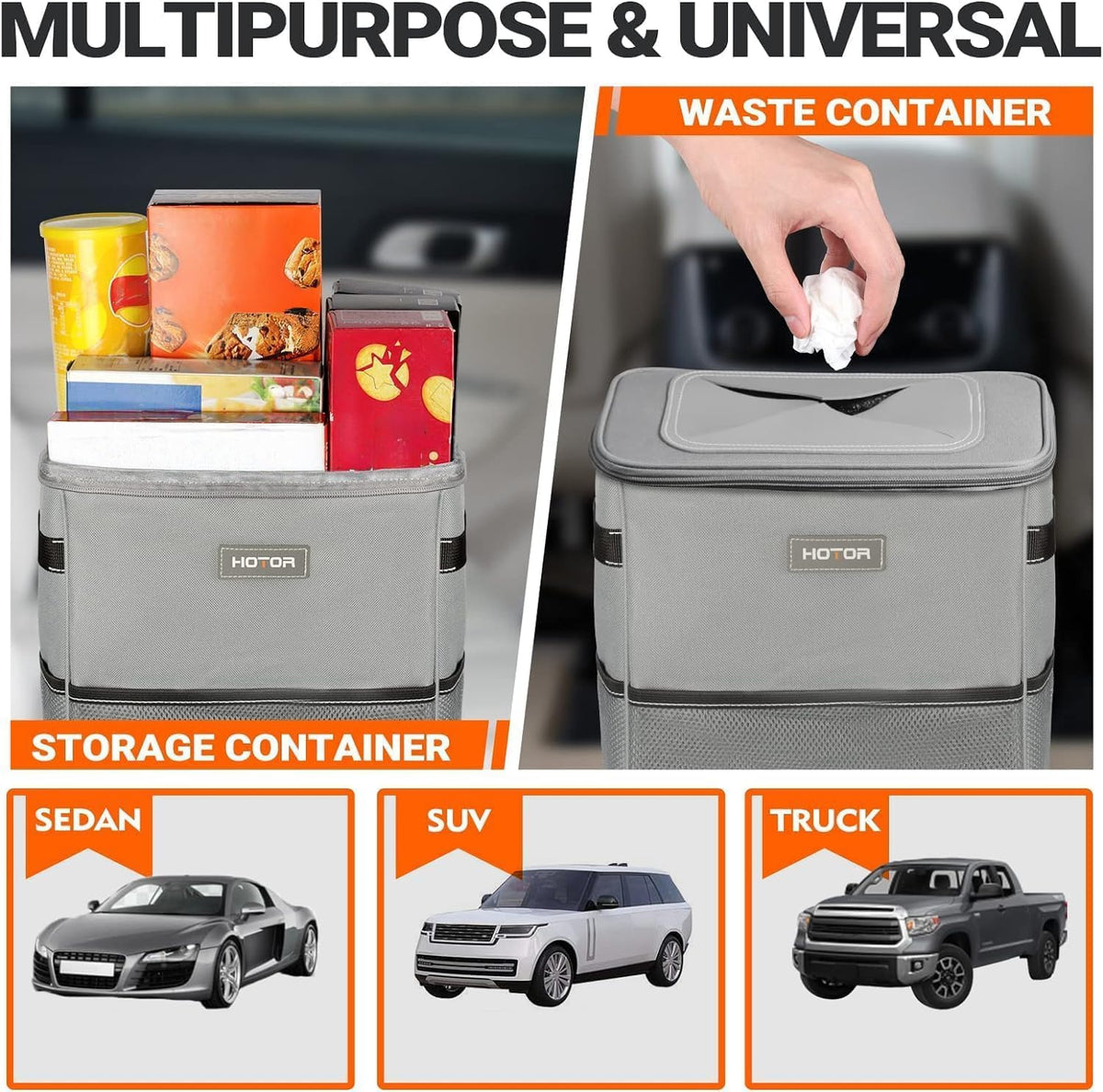 HOTOR Car Trash Can, Leakproof Car Organizer, 2-Gallon, Gray