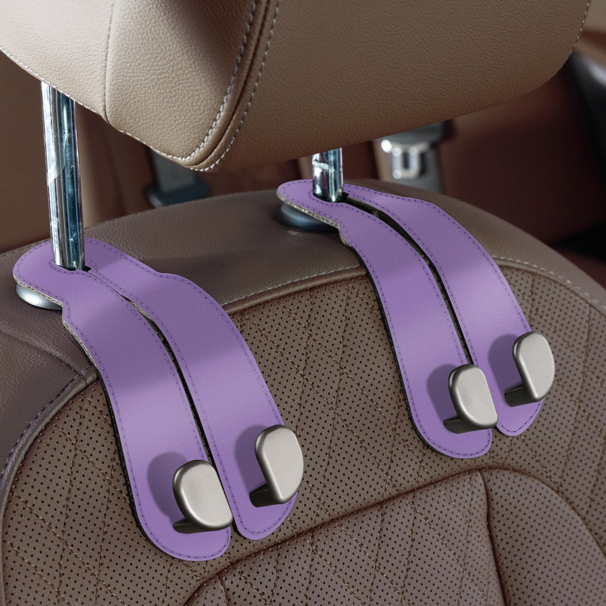 CoBak Purse Hook for Car - Universal Premium Stitched Leather and Aluminum-Magnesium Alloy Double Car Seat Back Storage Hook for Purses, Handbags, Bags (2 Pack),Beige