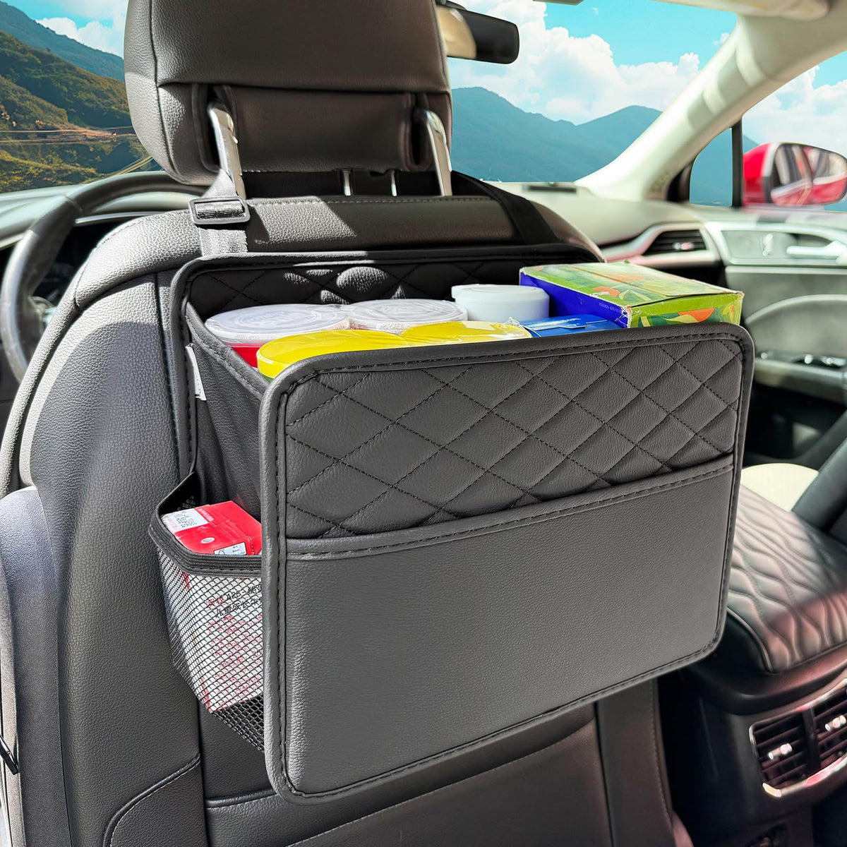 Witaxima Upgrade Car Seat Organizer Backseat with Storage Pockets, Multipurpose Car Organizer Hanging, Car Trash Bag Can,Premium PU Leather Garbage Can 2.14 Gallon Large Capacity Accessories Beige
