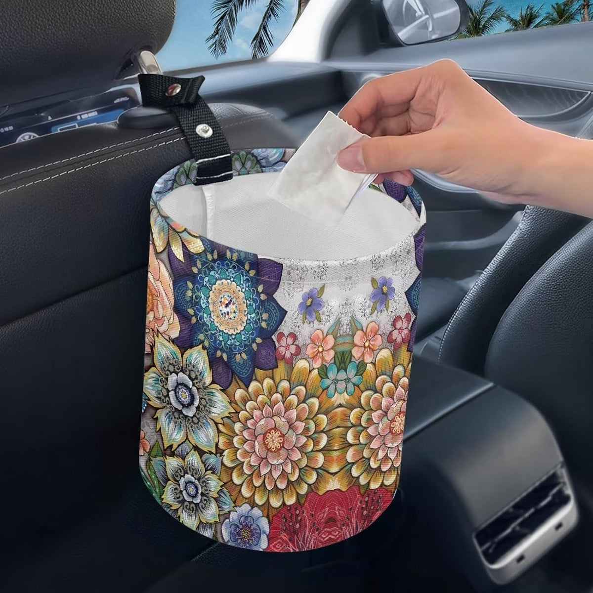 Boho Flowers Car Trash Can Waterproof Auto Vehicle Garbage Organizer Bag Hanging Car Waste Basket Holder for Front Seat Back, Seat, Floor, Headrest