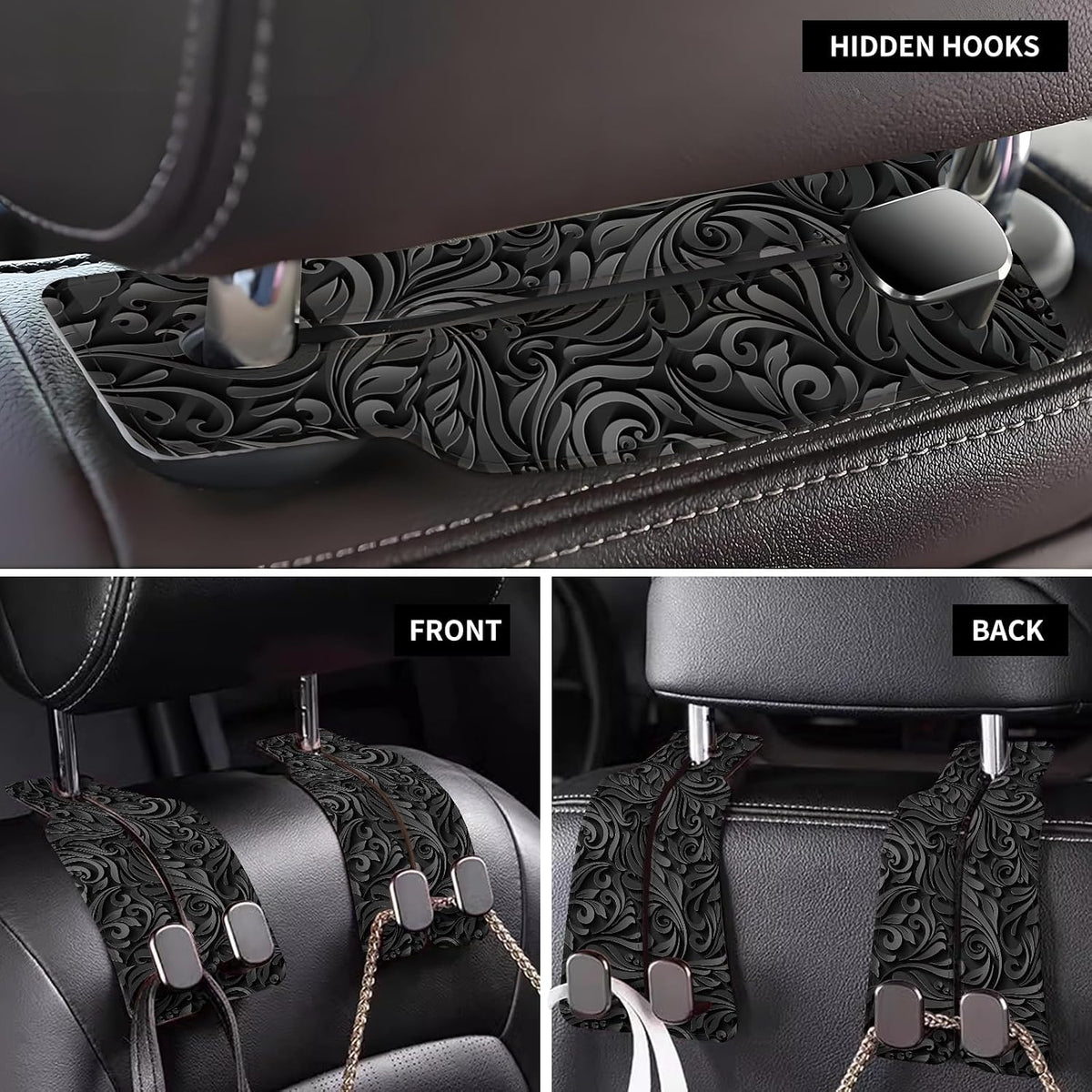 Car Seat Back Storage Headrest Hook, Premium Leather Double Metal Hook, Hanger Storage Organizer for Purse Cloth Bag, Car Interior Accessories Luxury Black Flowers