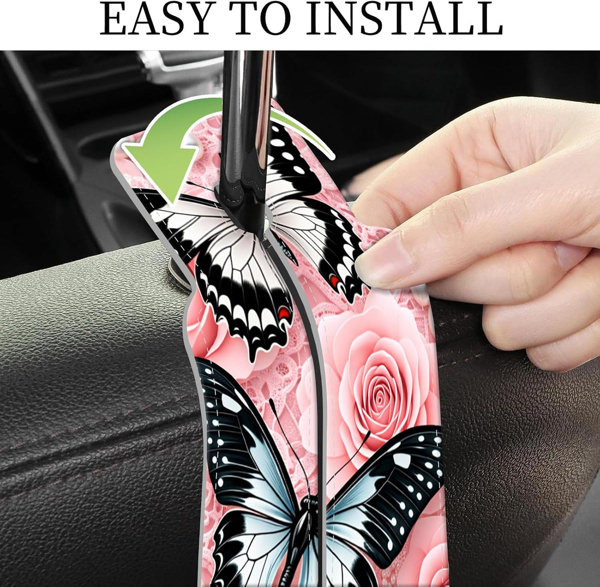 PU Leather Car Seat Hook, Storage Headrest Hanger, Cute Car Backseat Organizer, Car Hooks For Purses and Bags, Butterfly Rose