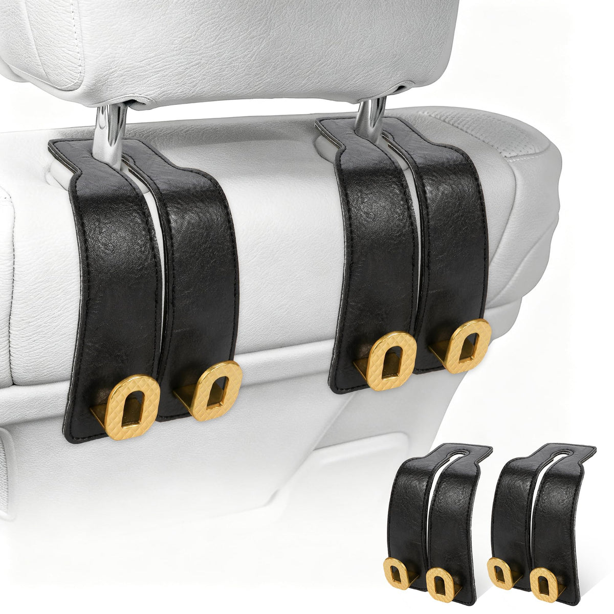 Car Headrest Hooks Universal Car Purse Hook Premium Leather and Alloy Twin Hook Car Seat Back Storage Hanger Hook for Purse Bags Cloth Drink Durable Holder Car Accessories (BH09-Grey-Black)