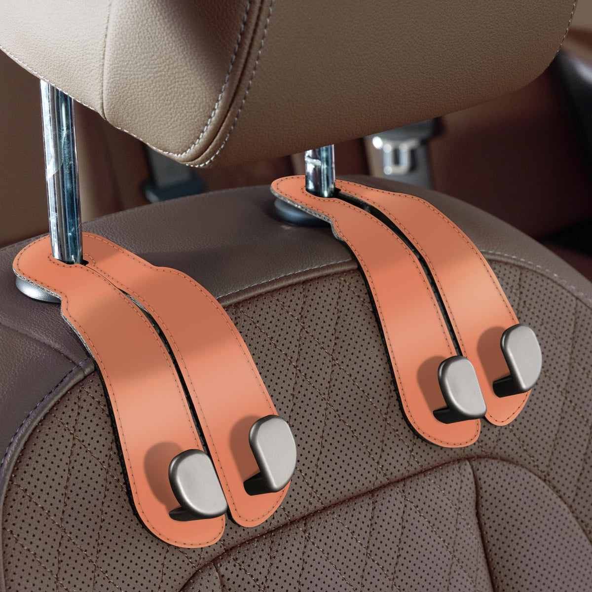 CoBak Purse Hook for Car - Universal Premium Stitched Leather and Aluminum-Magnesium Alloy Double Car Seat Back Storage Hook for Purses, Handbags, Bags (2 Pack),SageGreen