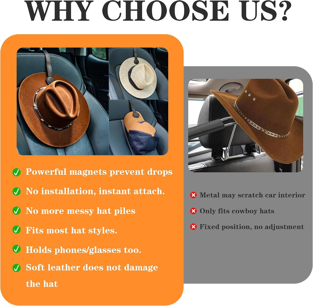 2 Pack Cowboy Hat Hanger for Car, Magnetic Hat Holder for Truck, Jeep, SUV, Headrest Hook Organizer for Caps, Keys, Sunglasses, Bags (Black) (2)