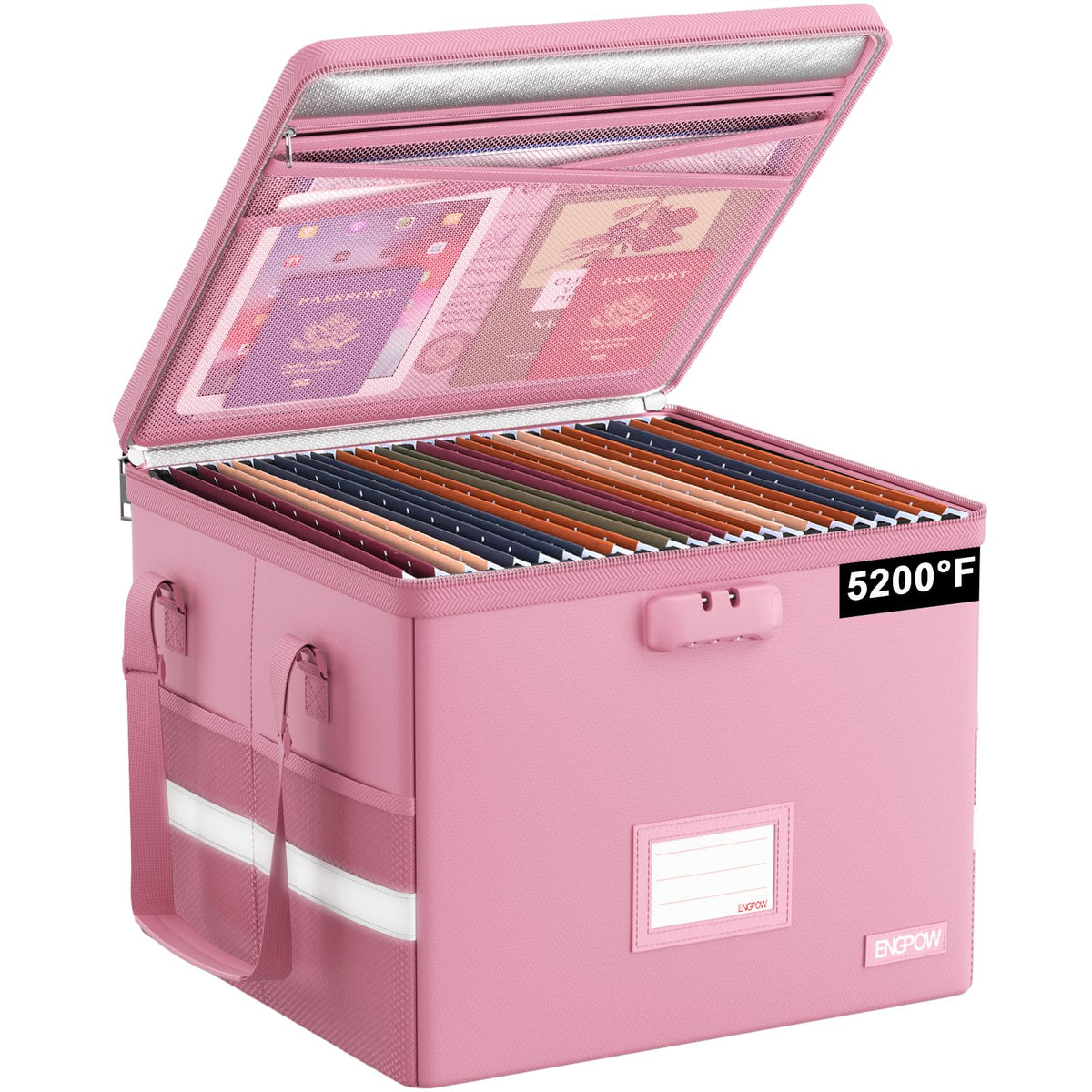 ENGPOW File Box with Lock, Fireproof Document Box with Zipper＆Pockets, Collapsible File Organizer Filing Storage Cabinet with Handle, Portable Home Office Safe for Hanging Letter/Legal Folder, Pink