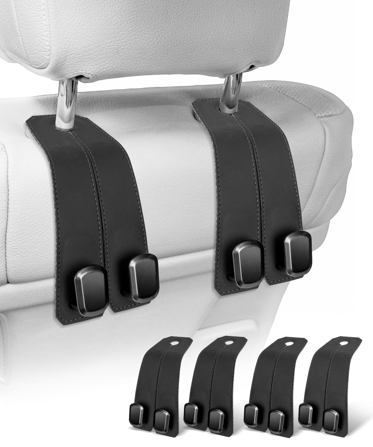 Car Hooks for Headrest, 4PCS Car Purse Hooks Luxurious Leather 100% Metal Car Hangers for Seat Multifunctional Car Bag Hook Car Seat Back Storage Hook Accessories (Black)