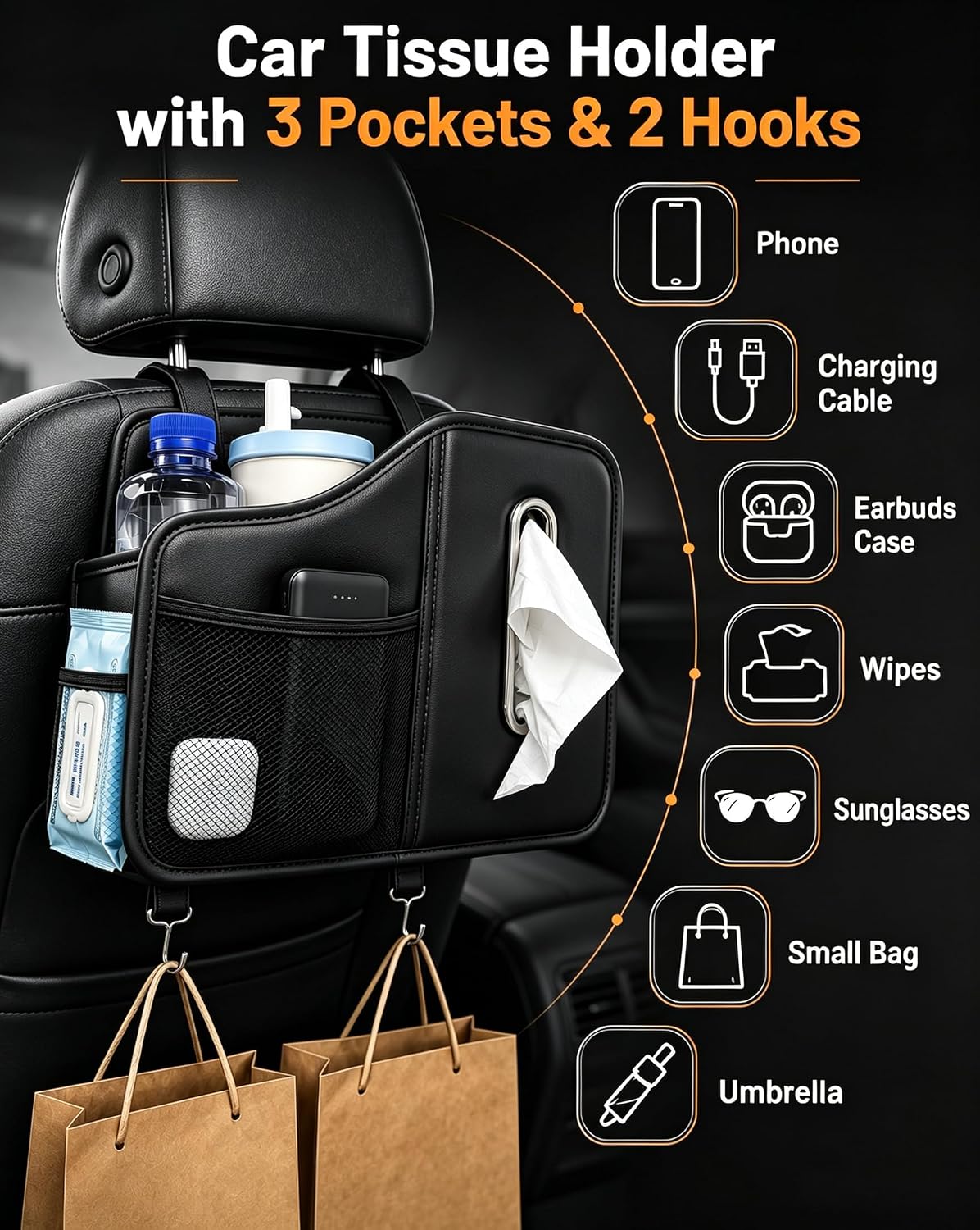 Leather Car Tissue Holder, Back Seat Car Organizer with Cup Holder & Hooks