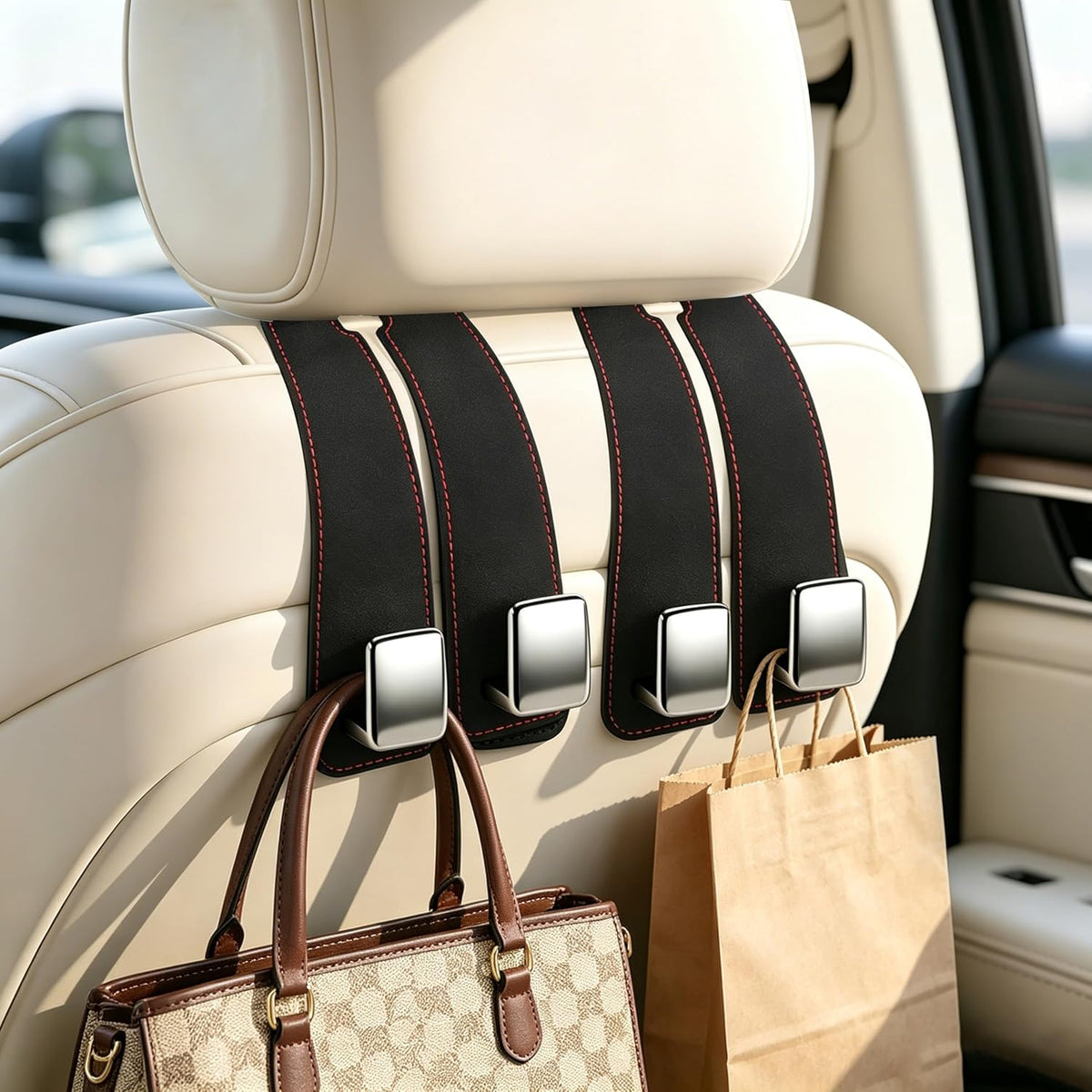 Amooca 4-Pack Anti-Fall Car Headrest Hooks Metal Core Hanger for Bags