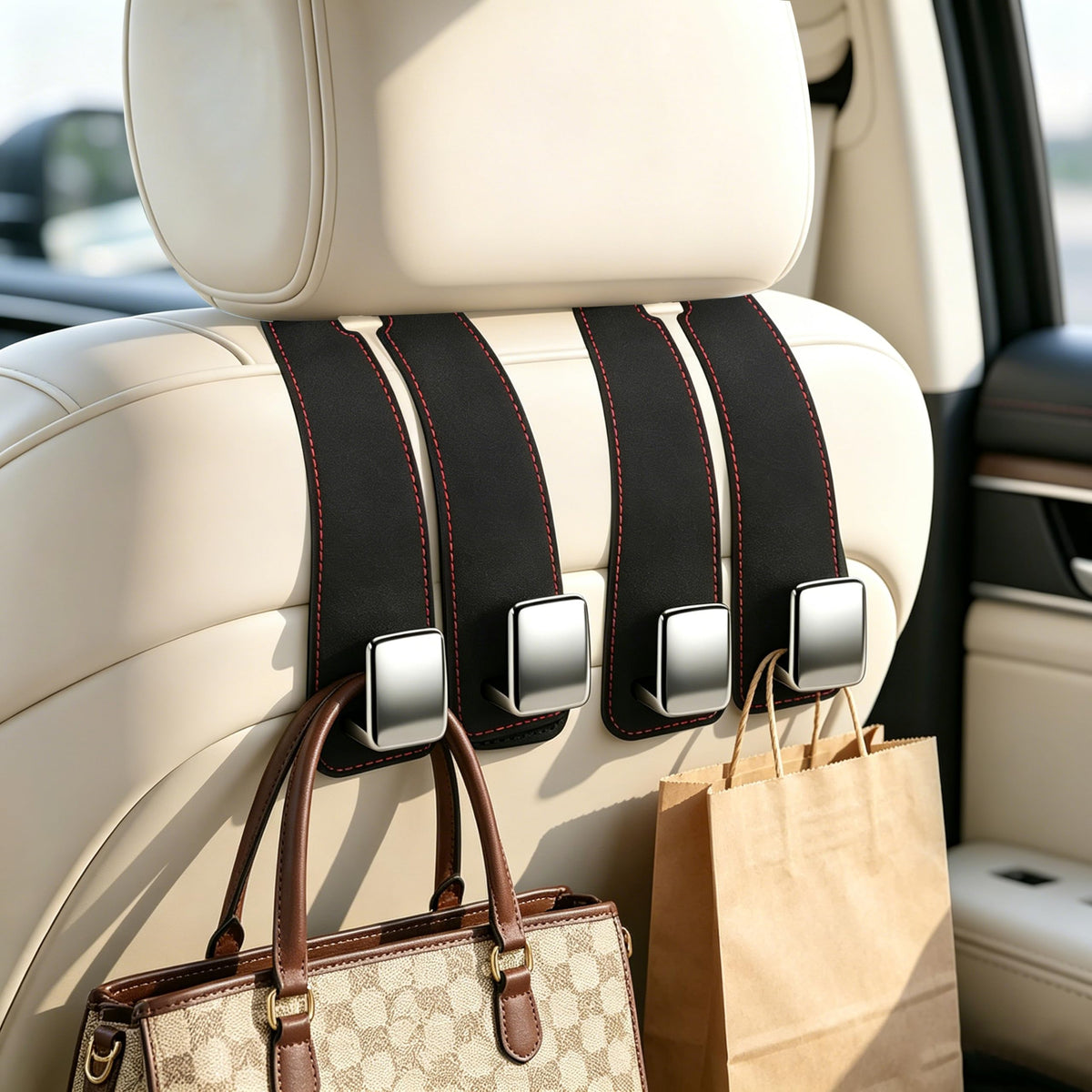 Amooca 4-Pack Anti-Fall Car Headrest Hooks Metal Core Hanger for Bags