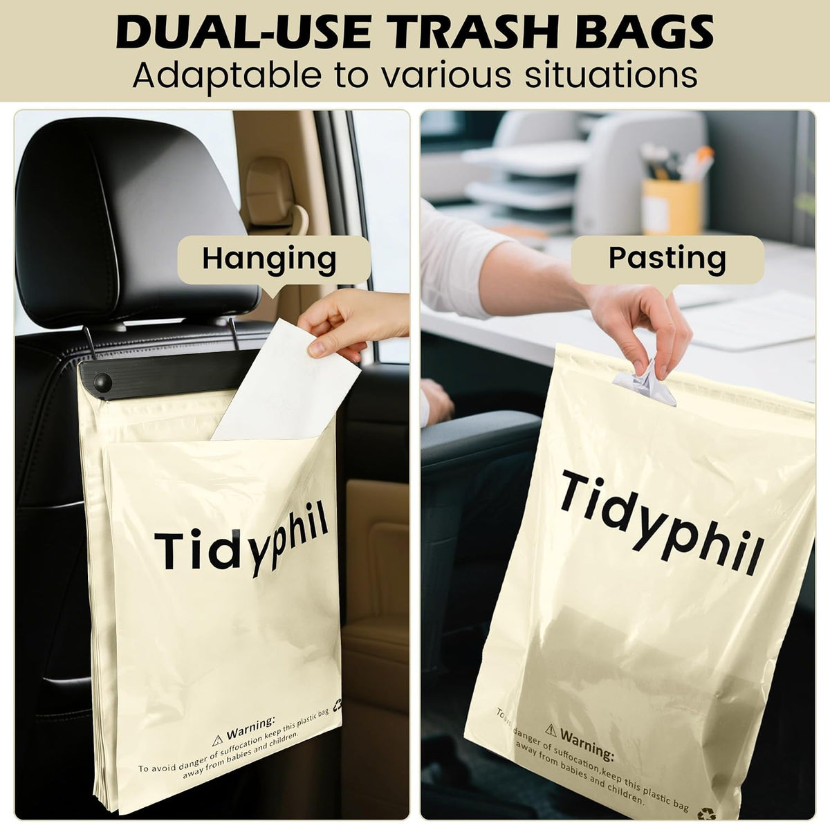 50 Bags Hanging Car Trash Bags Disposable, 2 Gallon Car Garbage Bags. Beige