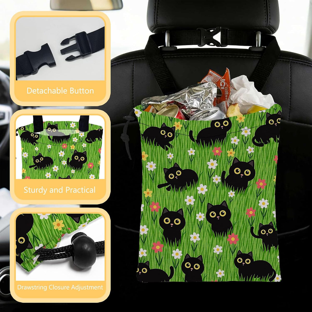 Car Trash Bag Waterproof Hanging Car Garbage Bag Black Cats Floral
