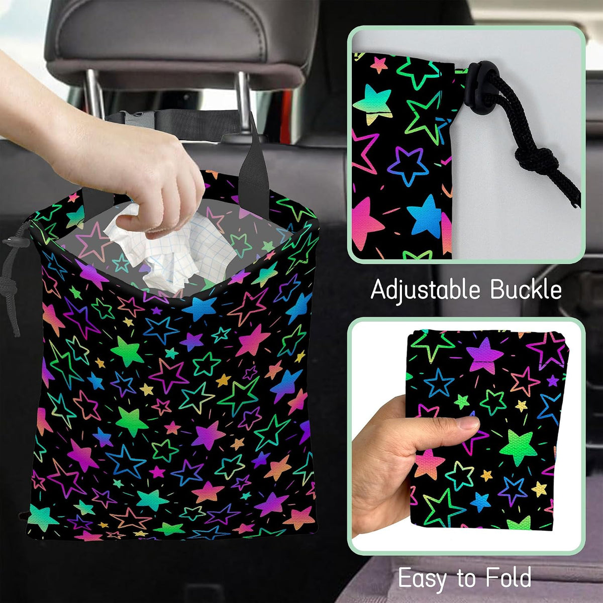 Colorful Stars Car Trash Bag,Neon Stars Hanging Drawstring Car Garbage Bag,Waterproof Canvas Car Back Seat Organizer with Adjustable Buckle,for Vehicles,SUVs,Camping,Road Trips