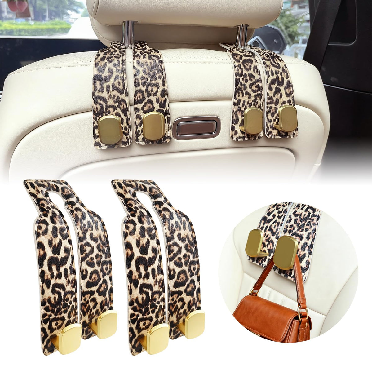 2 Pack Purse Hook for Car Headrest, Car Seat Back Storage Hook for Purses and Bags, Car Back Seat Headrest Purse Holder, Hanger Storage Organizer (Leopard)