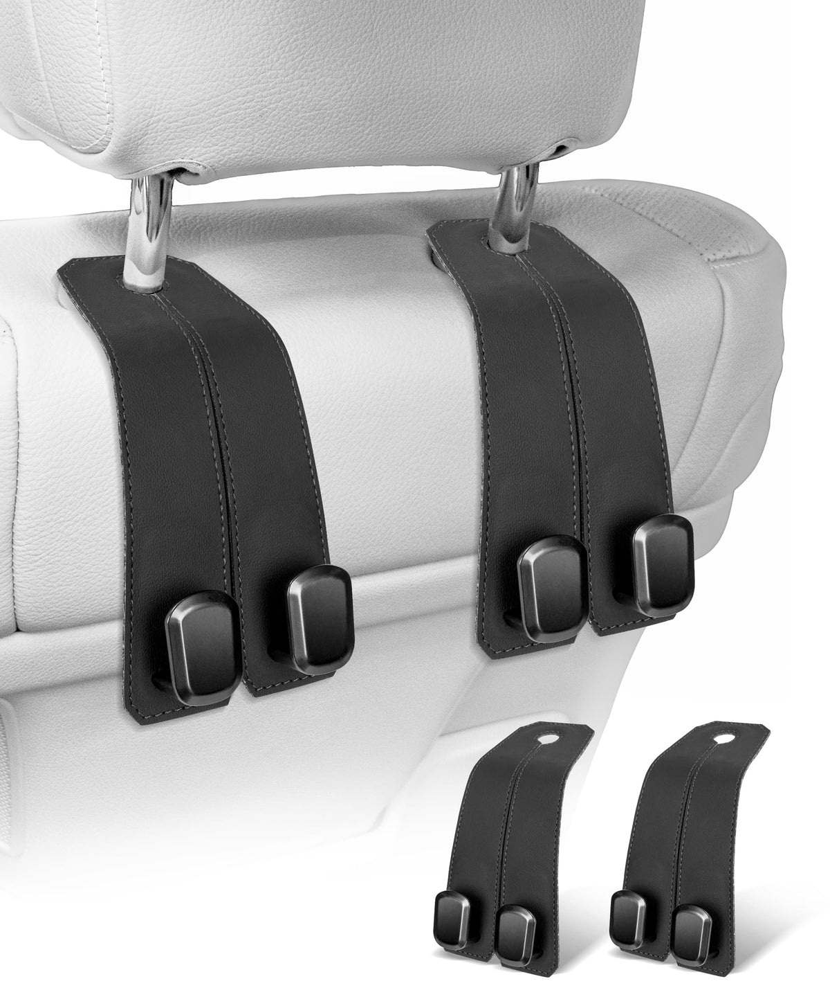 Car Hooks for Headrest, 4PCS Car Purse Hooks Luxurious Leather 100% Metal Car Hangers for Seat Multifunctional Car Bag Hook Car Seat Back Storage Hook Accessories (Black)