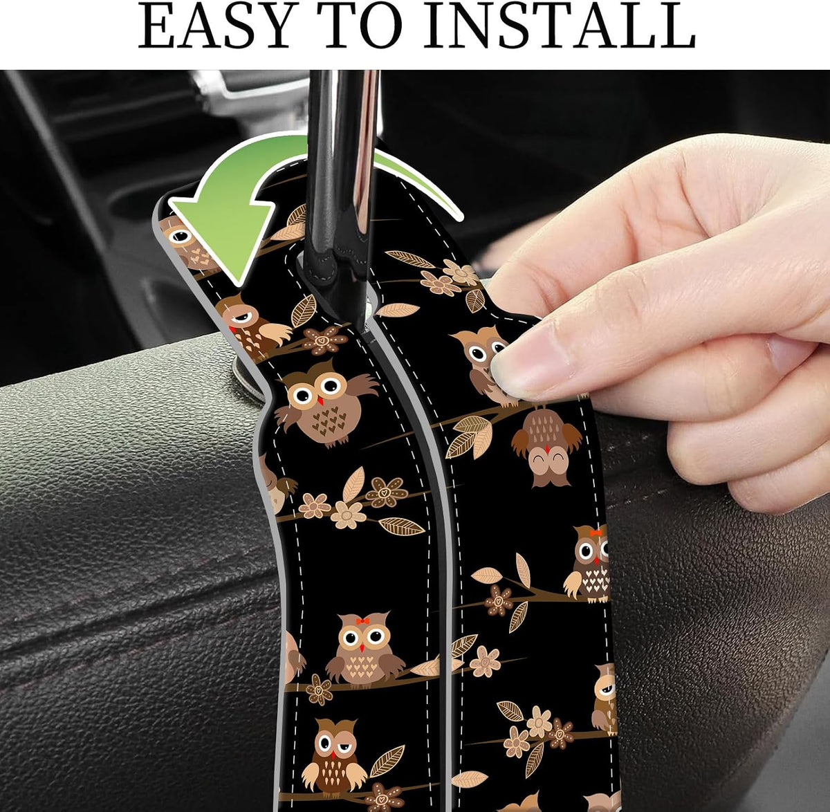 PU Leather Car Seat Hook, Storage Headrest Hanger, Cute Car Backseat Organizer, Car Hooks For Purses and Bags Cute Brown Cartoon Owls