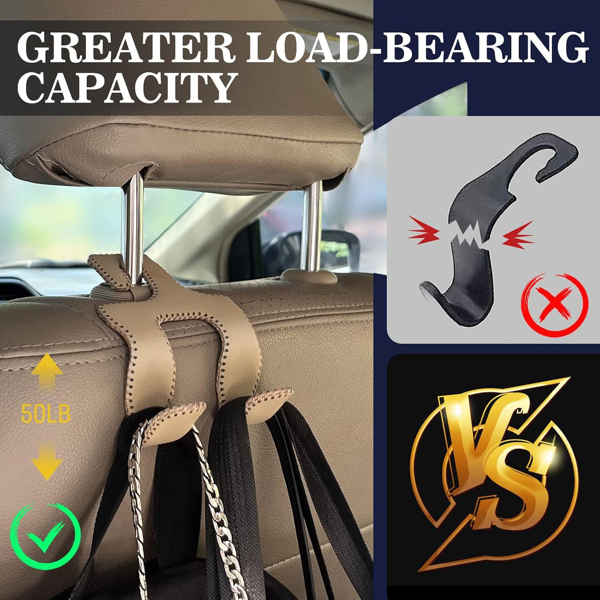 Upgraded Headrest Hooks for Car, 2 in 1 Back Seat Purse Holder Hook Genuine Leather Head Rest Hangers Vehicle Organizer Accessories for Hanging Grocery Bags, 1 Pack, Beige
