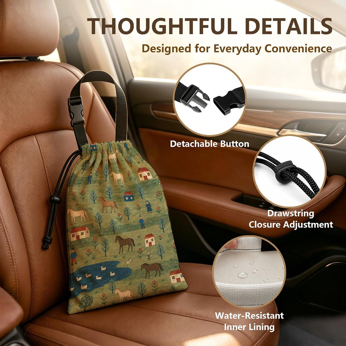 Sage Green Horse Lover Car Trash Bag Hanging, 11x13Inch