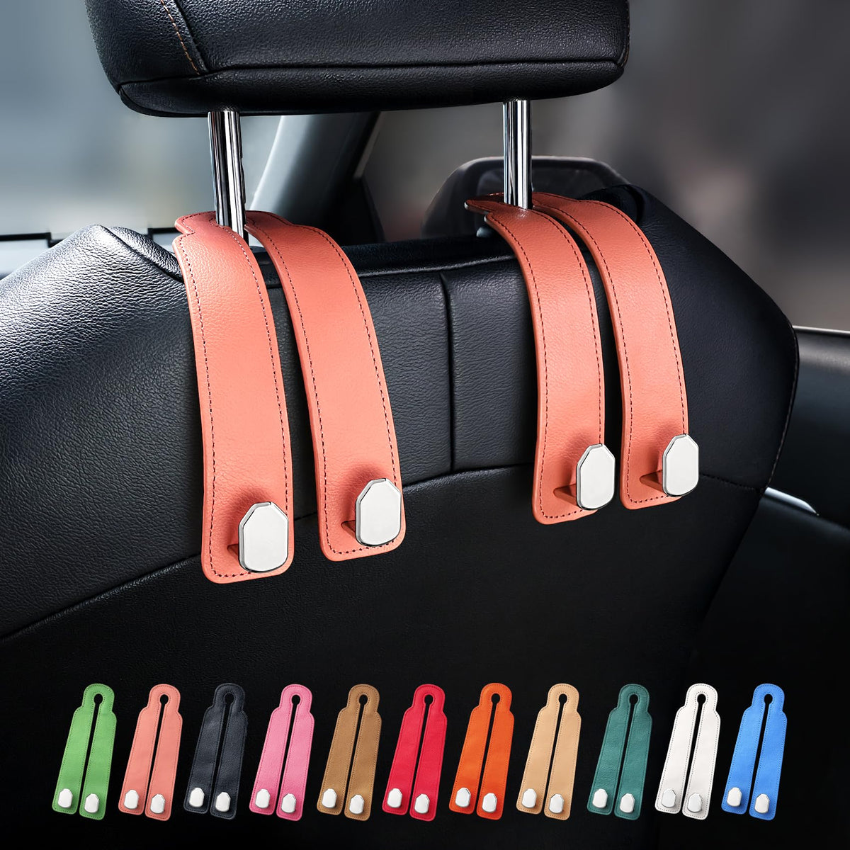 Car Seat Headrest Hooks, Genuine Leather and Zinc Alloy Car Purse Hook,Car Bag Hook,Car Seat Back Storage Hook for Purses, Handbags, Bags