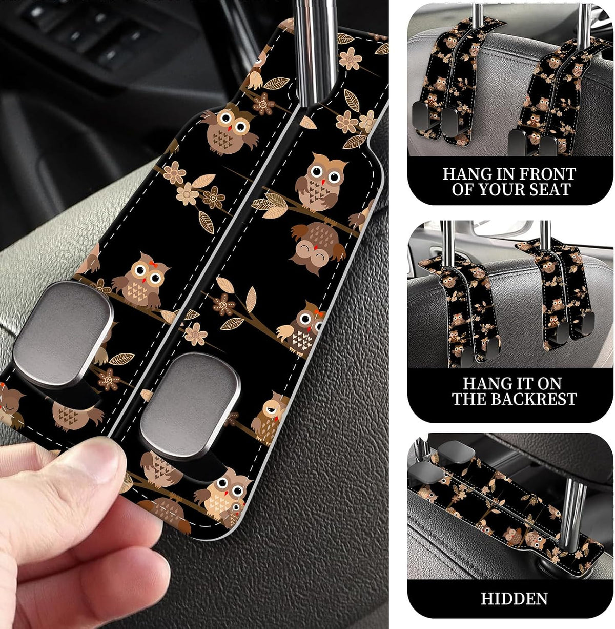 PU Leather Car Seat Hook, Storage Headrest Hanger, Cute Car Backseat Organizer, Car Hooks For Purses and Bags Cute Brown Cartoon Owls