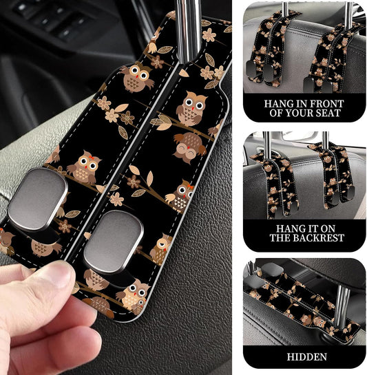 PU Leather Car Seat Hook, Storage Headrest Hanger, Cute Car Backseat Organizer, Car Hooks For Purses and Bags Cute Brown Cartoon Owls